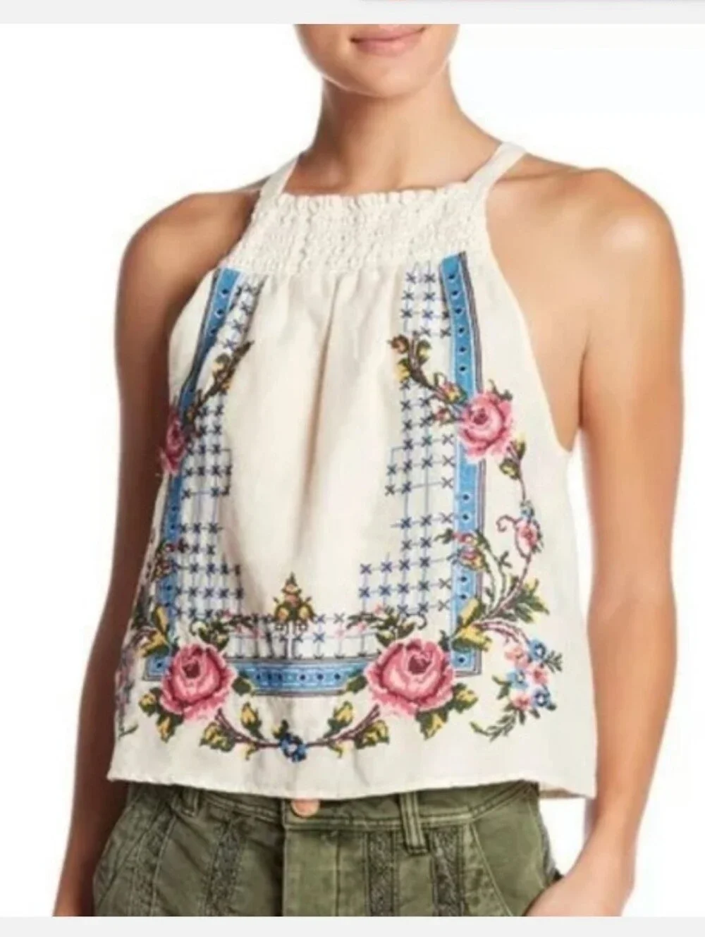 Free People XS Honey Pie Cream Halter Crop Top with Pink Rose Embroidery